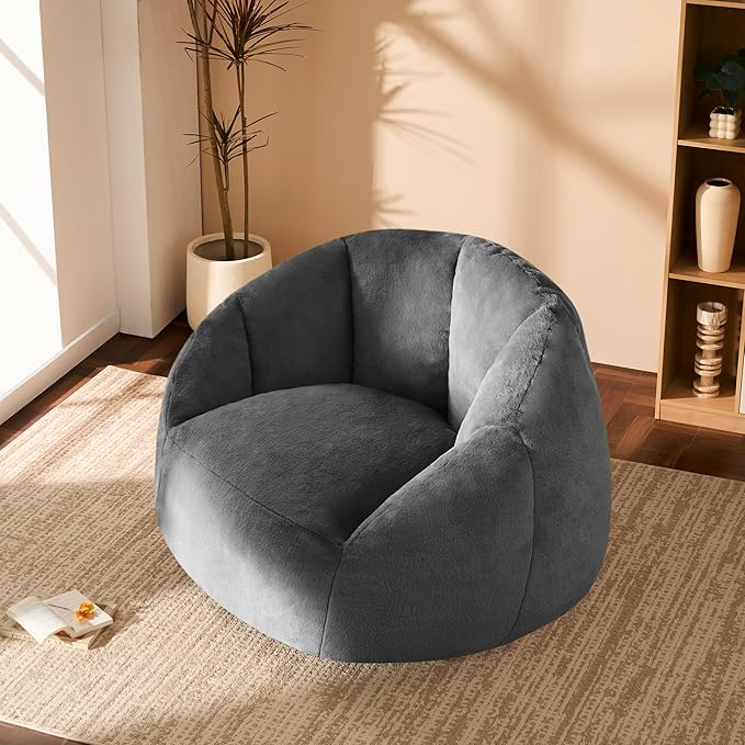 Giant Bean Bag Swivel Chair for Adults - Comfy Plush Round Shell Soft Accent Beanbag Chair, Oversized Cozy Floor Sofa Reading Chair for Living Room, Bedroom & Game Rooms, Gray-Ruum Studio Home