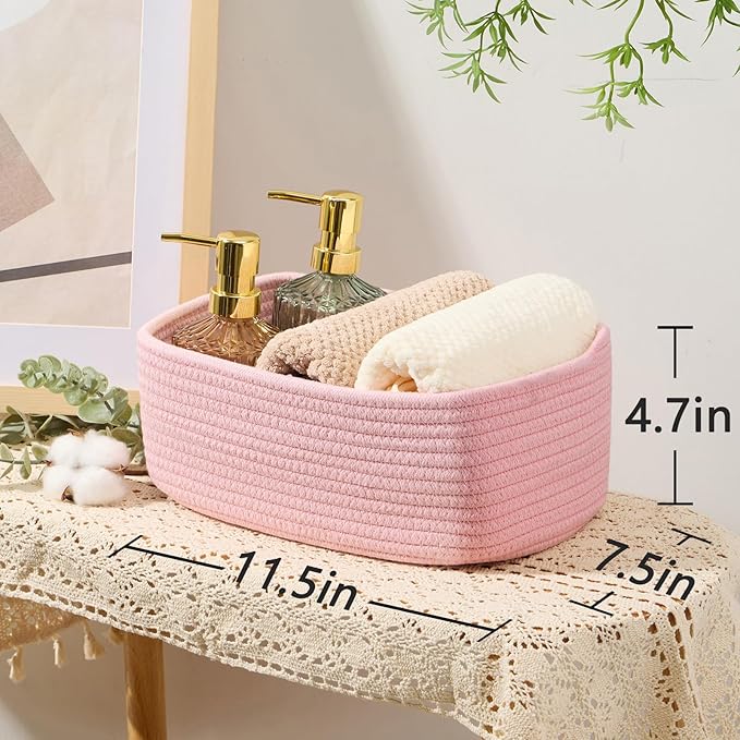 Small Storage Baskets for Organizing | Closet Organizer Bins | Shelf Toy Basket | Woven Rope Baskets | Cube Decorative Box | Shallow Basket | 11.5x7.5x4.7” | 3 Packs Light Pink-Ruum Studio Home