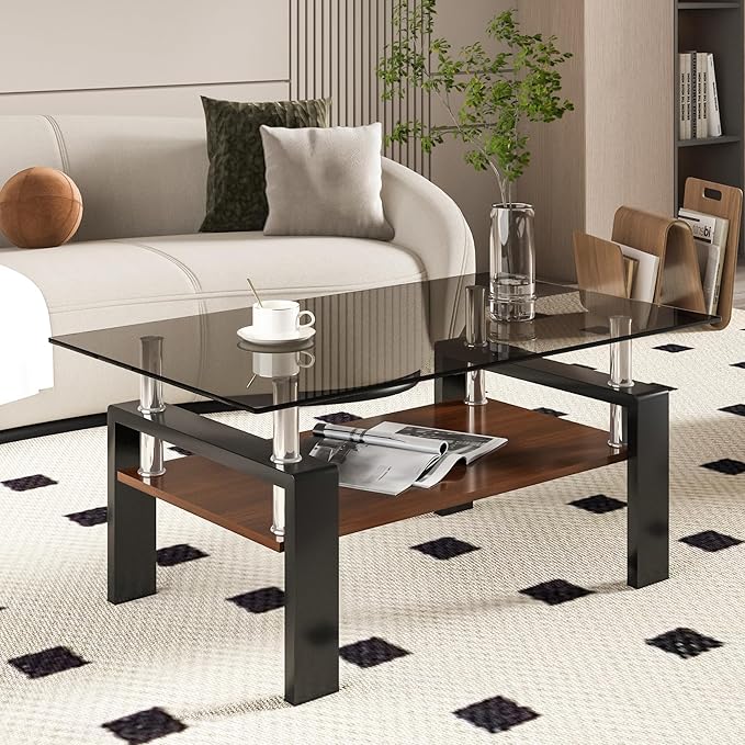 Glass Coffee Table Rectangle Living Room Center Table, with Gray Tempered Glass Tabletop and Brown MDF Layer,for Living Room and Office, Gray+Brown-Ruum Studio Home