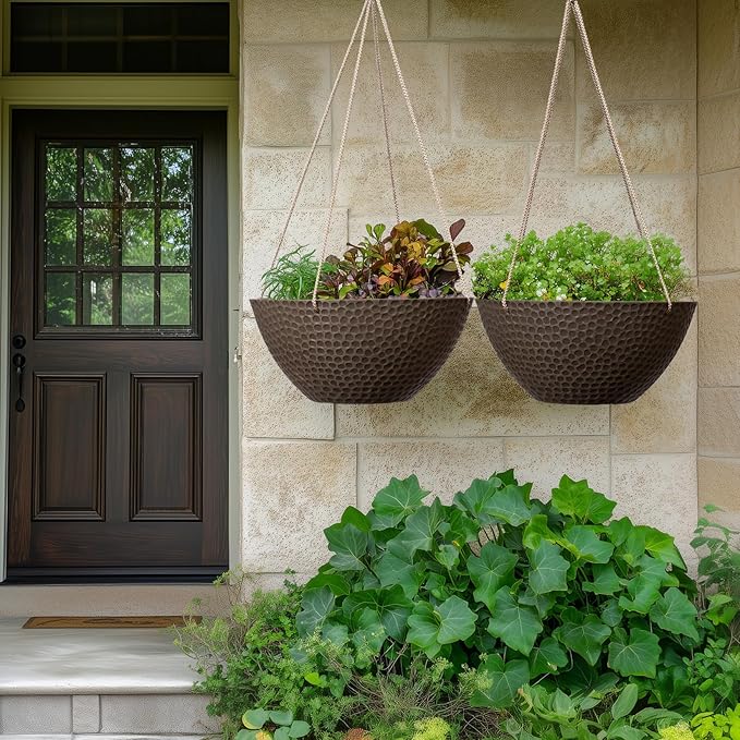 LA JOLIE MUSE Hanging Planters for Outdoor Plants, Large Outdoor Hanging Planters with Drain Holes Ash Brown, Honeycomb (13.2 Inch, Set of 2)-Ruum Studio Home
