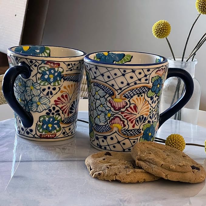 Encantada Handmade Hand-Painted Authentic Mexican Pottery Mugs (Multi Blue Green)-Ruum Studio Home