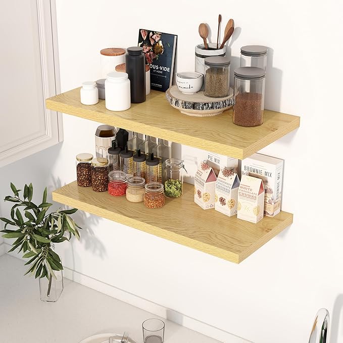 30" Floating Shelves for Wall, 12" Deep Slim Oak Floating Shelves, Wall-Mounted Shelves for Bedroom, Living Room, Kitchen, Bathroom - Set of 2-Ruum Studio Home