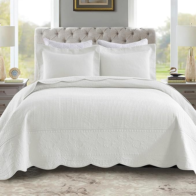 MarCielo 3-Piece 100% Cotton Oversized Bedspread Lightweight Quilt Coverlet Embroidery Farmhouse Bedding Set (TG Bright White, Oversized Queen (100"x106"))-Ruum Studio Home