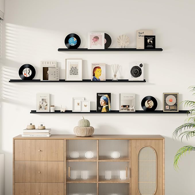 Floating Picture Ledge Shelves for Wall Set of 2, 95 Inches Picture Ledge Shelf with Long Large Nursery Book Shelf for Toys Storage Kids Bookshelf Wall Mounted Living Room Bedroom Decor Frames, Black-Ruum Studio Home