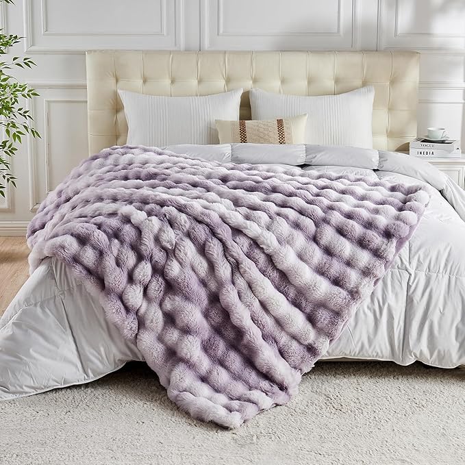 Lotus Karen Faux Fur Throw Blanket Tie-Dye Purple - Big Bubble Rabbit Fluff Blanket for Couch, Large Fluffy Fuzzy Cozy Blanket,Thick Furry Plush Shaggy Blankets,90x90 Inches-Ruum Studio Home