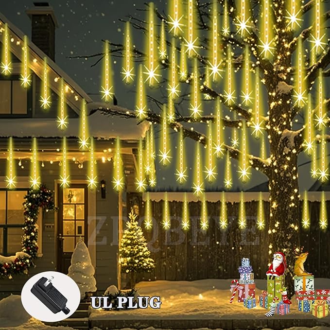 Outdoor Meteor Shower Christmas Lights 24-Tube 576LEDs Shooting Star Waterfall Meteor Shower Falling Rain Light for Christmas Tree Decorations Wedding Party Holiday Garden, UL Plug Warm White-Ruum Studio Home