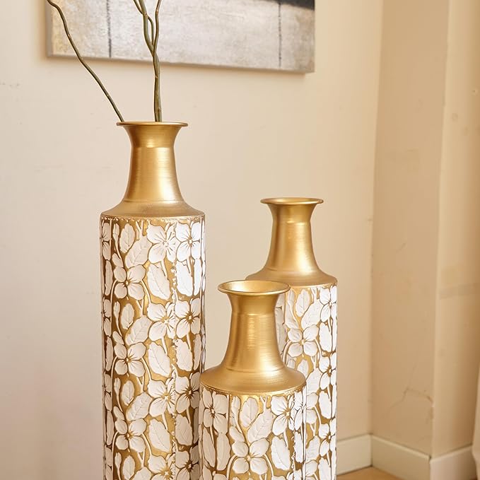 Medhansh Metal Floor Vase, Tall Floor Vase with Gold Twig Pattern, Antique White Finish (Set of 3)-Ruum Studio Home