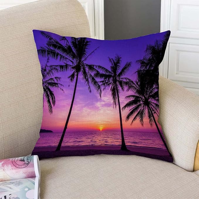 TSSOHU Sunset Beach Pillow Cover 18x18 Inch Tropical Palm Tree Landscape Cotton Linen Cushion Cover for Home Sofa Chair Decor Farmhouse Pillow Case-Ruum Studio Home