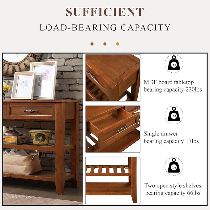 Solid Wood Console Table Entryway Table with Storage Drawers and Shelves Sofa Tables (42" Brown)-Ruum Studio Home