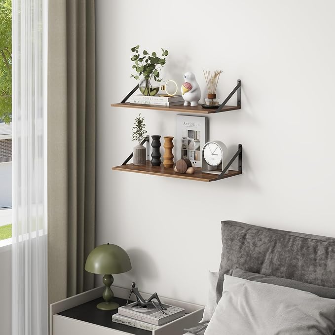 Deep Floating Shelves, 12 Inch Deep Floating Shelves for Wall, 24"W x 12"D Wall Shelves for Books, Large Rustic Wooden Shelf, Wide Display Shelf for Bathroom, Living Room, Walnut Color, Set of 2-Ruum Studio Home