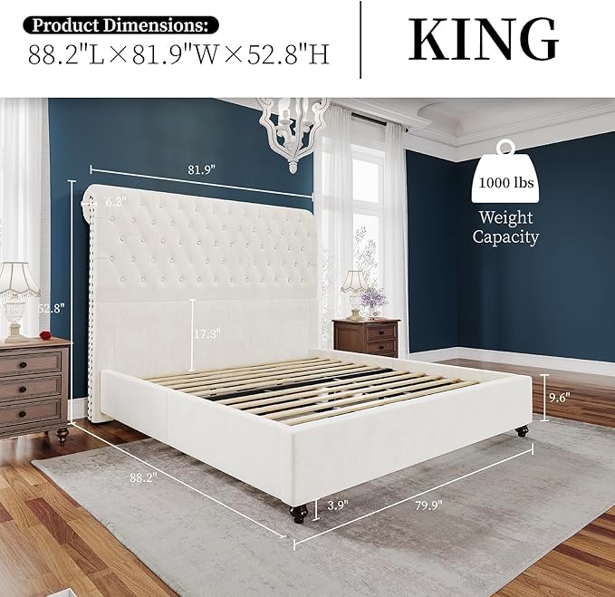 PaPaJet King Bed Frame Upholstered Platform Bed Frame with 52.8'' Tall Sleigh Headboard, Button Tufted, No Box Spring Needed, Easy Assembly, Cream-Ruum Studio Home