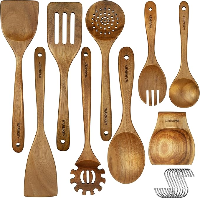 Acacia Wood Kitchen Utensil Set 9PC-Natural Wooden Cooking Tools for Nonstick Pans&Stir Frying,Scratch-Proof&Heat Resistant,Sturdy&Lightweight with Spoon Rest (Kitchen Utensil Set 9PC)-Ruum Studio Home