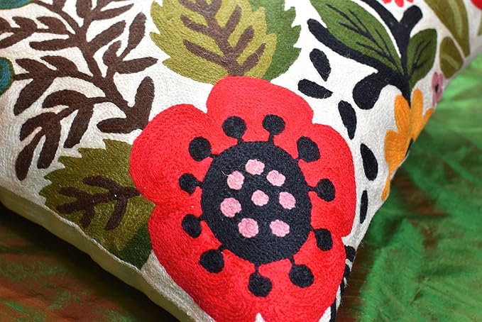 Red Polish Floral Pillow Cover Bird Flower Pillowcase Floral Outdoor Suzani Cushions Flowery Throw Chair Cushion Farmhouse Pillowsham Hand Embroidered Wool 18x18 Inch-Ruum Studio Home