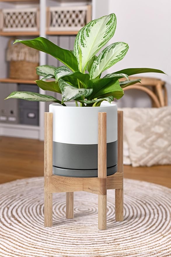 D'vine Dev Ceramic Planter with Natural Stand - 8 Inch Modern Round Flower Pot with Wood Planter Holder, White/Grey, 55-B-N-6-Ruum Studio Home