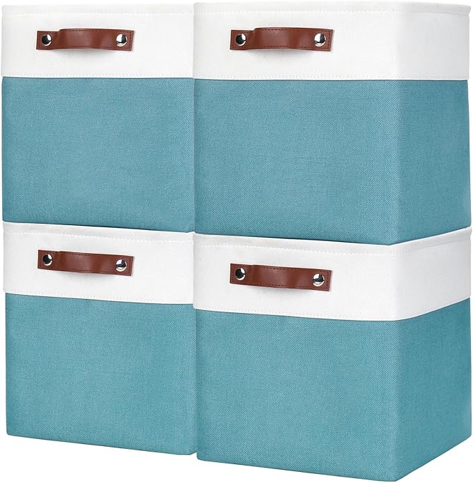 Collapsible Fabric Storage Cubes 11x11 Cube Storage Bins, 4 Pack Closet Baskets Box with Handles for Organizing, Shelf, Toys, Clothes, Home, Office, Nursery (Teal&White)-Ruum Studio Home