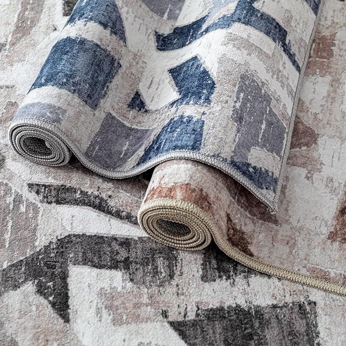 Modern Abstract 6X9 Area Rug for Living Room Bedroom Washable, with Non-Slip Rubber Backing Print Faux Wool Thin, Grey Throw Large Carpet for Kids Playroom Dining Room Pet & Child Friendly-Ruum Studio Home