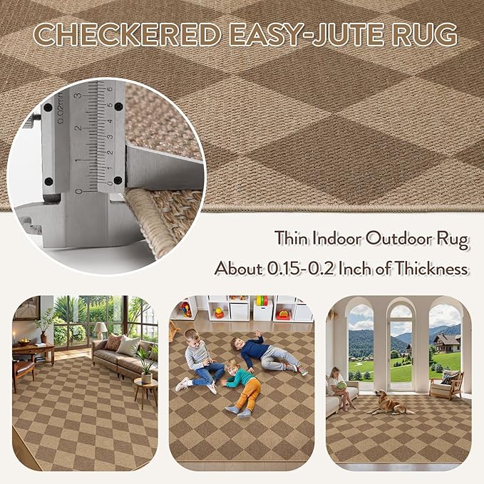Lahome Checkered Easy Jute Rug, 9x12 Washable Dining Room Rug Indoor Outdoor Carpet, Farmhouse Neutral Non Slip Non Shedding Stain Resistance Floor Carpet for Patio Living Room Office-Ruum Studio Home