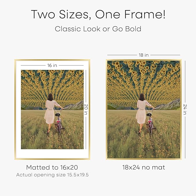 Homeforia 18 x 24 Poster Frame Gold, High End Metal 18x24 Picture Frames with Mat 16x20 Photo, 18 x 24 Gold Frame Matted to 16 by 20 Print, 24x18 Thin Hanging Frame, Tempered Glass, Wall Kit, Set of 1-Ruum Studio Home