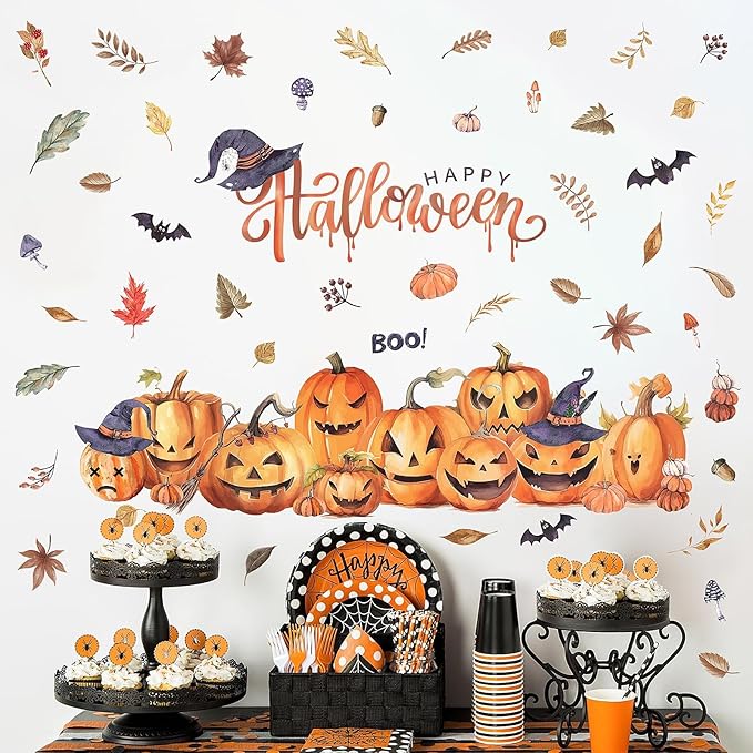 clothmile 38.18 x 36.15 Inch Halloween Wall Decals Halloween Pumpkins Bat Leaves Wall Stickers Removable Halloween Peel and Stick Sticker for Halloween Party Supplies Home Window Decor-Ruum Studio Home