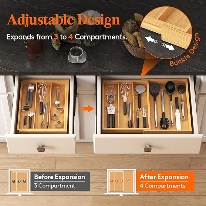 Lifewit Utensil Drawer Organizer, Expendable Cooking Silverware Tray for Kitchen Drawer, Bamboo Adjustable Cutlery Flatware Holder, Spatula Tools and Gadgets Storage Divider, 4 Compartments, Natural-Ruum Studio Home