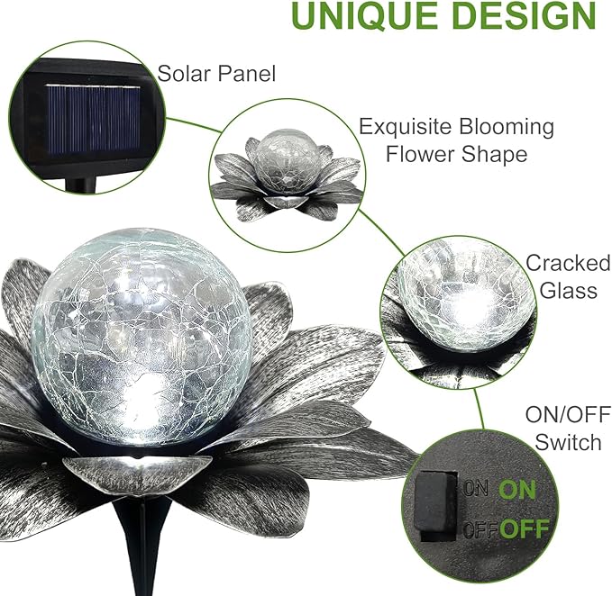 LEWIS&WAYNE Solar Garden Lights Outdoor, 3 Pcs Silver Gray Lotus Flower Pathway Lamps with Cool White Crackle Glass Globe Led Lights for Patio Pathway Yard Balcony Garden Decorations-Ruum Studio Home