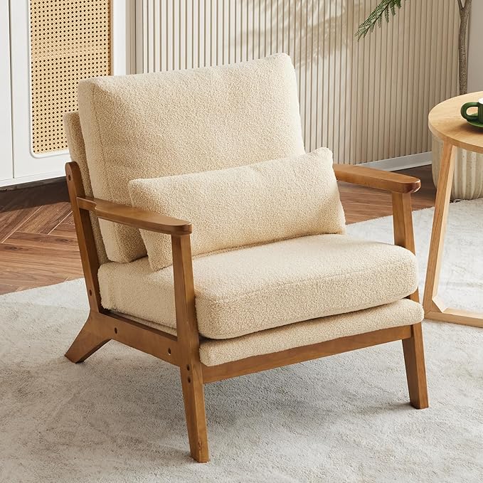 Karl home Accent Chair Wide Armrest Mid-Century Lounge Chair Teddy Fleece Armchair with Lumbar Pillow & Solid Wood Frame for Living Room, Bedroom, Balcony, Khaki-Ruum Studio Home