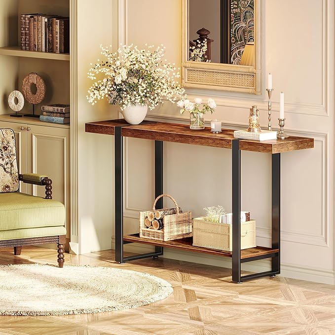 Huuger 47.2 Inch Entryway Table, 2-Tier Industrial Console Sofa Table, Accent Table with Storage, for Entry, Hallway, Entrance, Foyer, T-Shaped Metal Frame, Rustic Brown-Ruum Studio Home