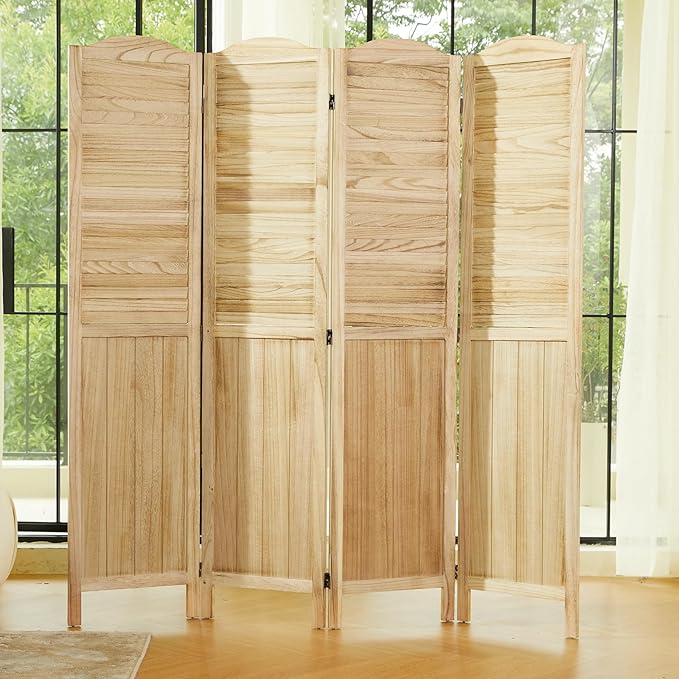 Room Partitions and Dividers, 68.9 Inch Temporary Wall with Double Hinges, Wooden Louver & MDF Stable Screens for Home Office Bedroom Coffeehouse Decoration (4 Panels, Wood Color)-Ruum Studio Home