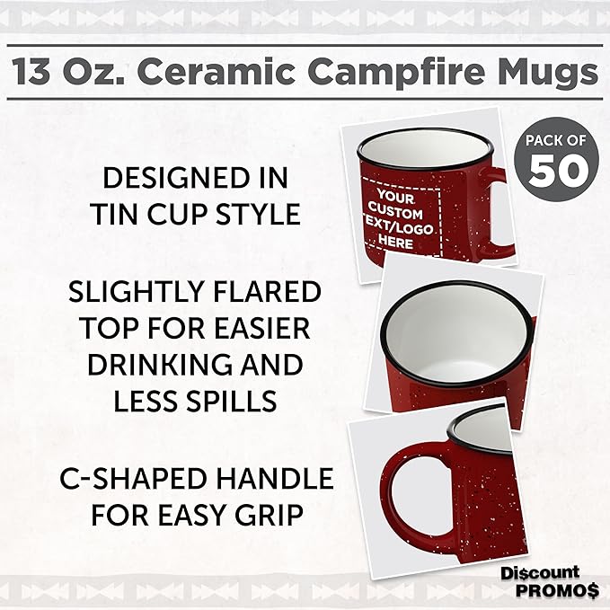 DISCOUNT PROMOS Custom Ceramic Campfire Coffee Mugs 13 oz. Set of 50, Personalized Bulk Pack - Perfect for Tea, Espresso, Cappuccino, Hot Cocoa - Red-Ruum Studio Home