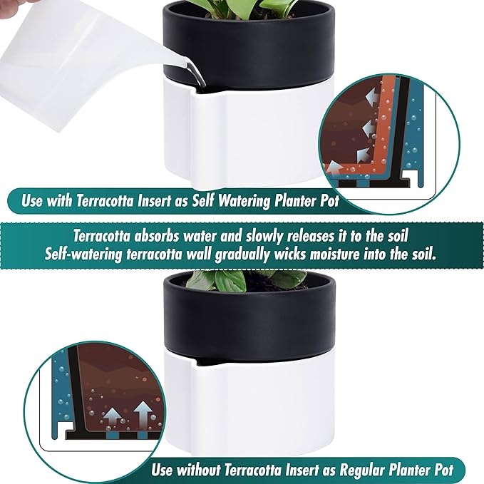 8 Inch Self-Watering Planter Pot with Terracotta Insert, Deep Water Reservoir, and Ceramic-Alike BPA-Free Plastic Planter Pot for Plant, Modern Planter for Houseplants, White/Black, 53-B-T-4-Ruum Studio Home