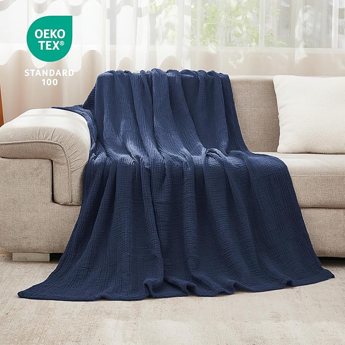 EMME Cotton Blanket Twin XL for Bed Soft Muslin Blankets 66"x90" Lightweight Breathable Layering Bedspread Coverlet All Season Gauze, Navy-Ruum Studio Home