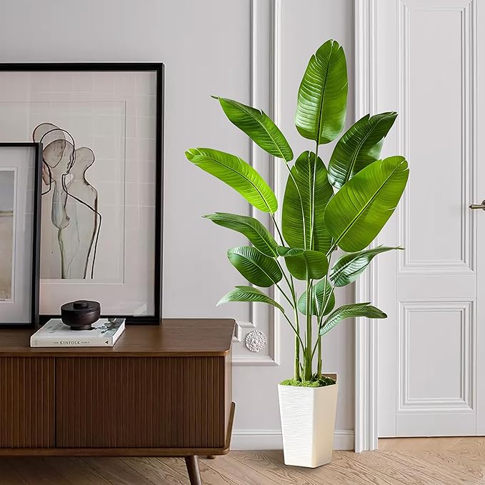 Fake Bird of Paradise Silk Artificial Plant Faux Banana Leaf Tree Lifelike Bird of Paradise for Home Decor Indoor Floor Plant with 10 Trunks (1, White Tall Planter, 6 FT)-Ruum Studio Home
