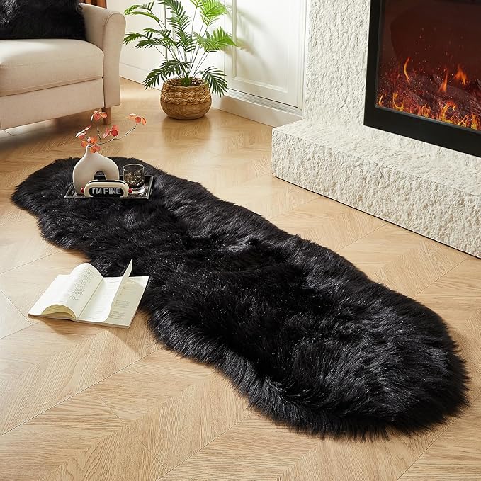 AMTOVO Faux Sheepskin Rug, Black Ultra Soft Fluffy Shag Area Rug, 2 x 6 ft Faux Fur Rug for Bedroom Sofa Throw Cushion Room Decor, Sheepskin-Ruum Studio Home