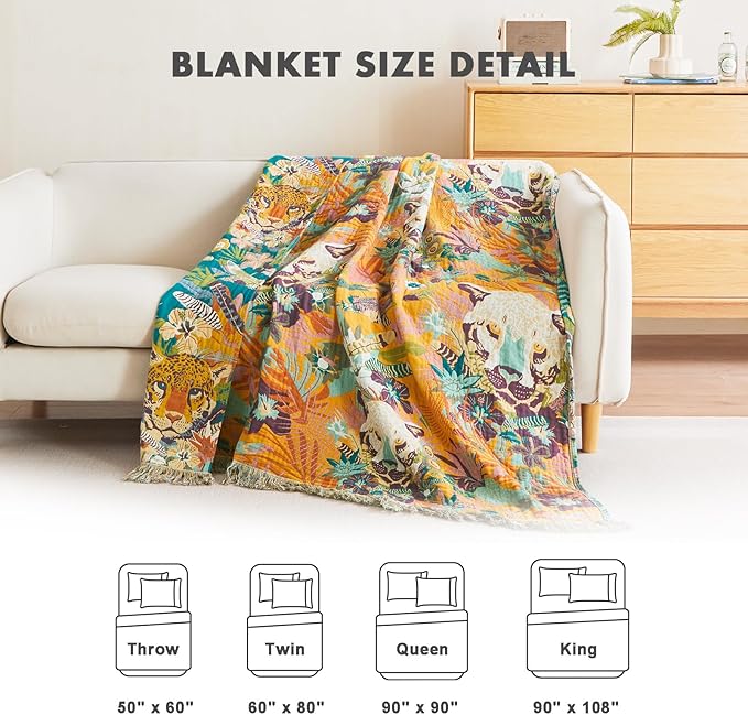 MSGKV Throw Blanket for Couch Bed Cotton Muslin Breathable Leopard Animals Twin Size Blanket 60"x80" for All Seasons Lightweight Farmhouse Blankets-Ruum Studio Home