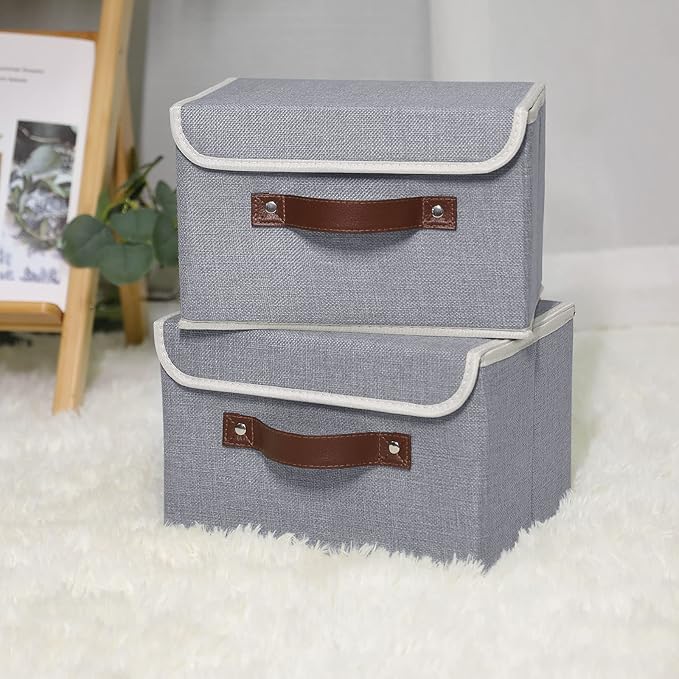 ANMINY 2PCS Storage Bins with Lid PU Leather Handles Storage Boxes PP Plastic Board Decorative Foldable Lidded Cotton Linen Fabric Home Cubes Baskets Closet Organizer Containers - Gray, Small Size-Ruum Studio Home