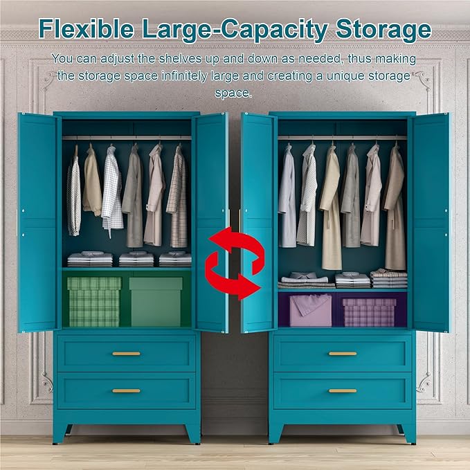 71'' Farmhouse Metal Wardrobe Cabinet with Hanging Rod, 2 Barn Door Wardrobe Closet with Adjustable Shelves,2 Drawer,for Dining Room,Bedroom,Living Room, Cloak Room,Office (Peacock Blue)-Ruum Studio Home