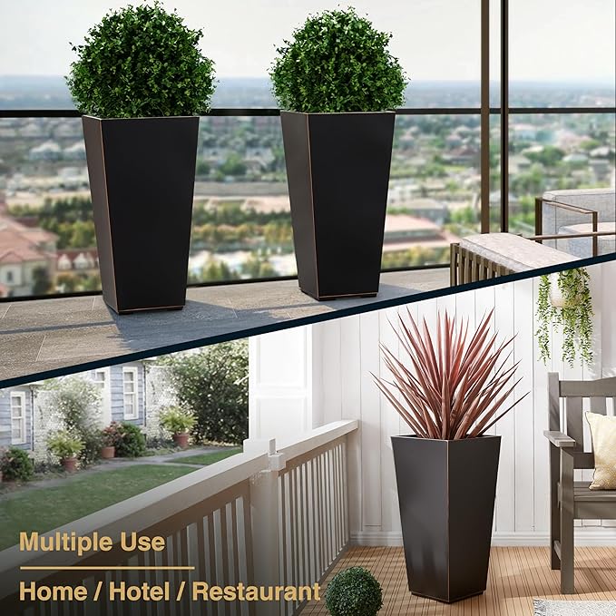 Metallic Taper Planter, 26 Inch Tall Tapered Planter for Front Porch, Patio, Deck, Garden Indoor/Outdoor Tree Planters, Set of 2 Black with Copper Hand Brushed Rim-Ruum Studio Home