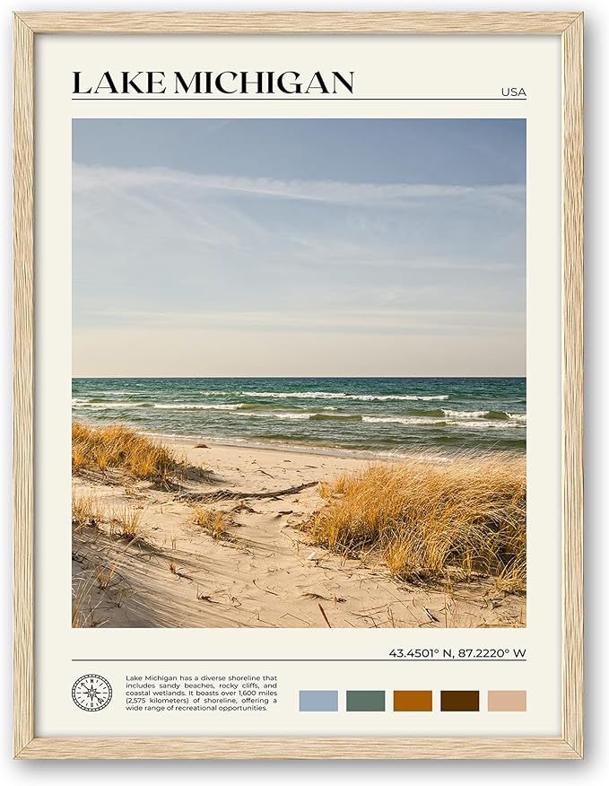 HesenDot Natural OAK Wood Lake Michigan Framed Wall Art,12x16in Natural Scenery Canvas Wall Print,Classic Urban City Landmark Wall Decor for Living Room,Bedroom,Office Gallery Gifts Set of 1-Ruum Studio Home