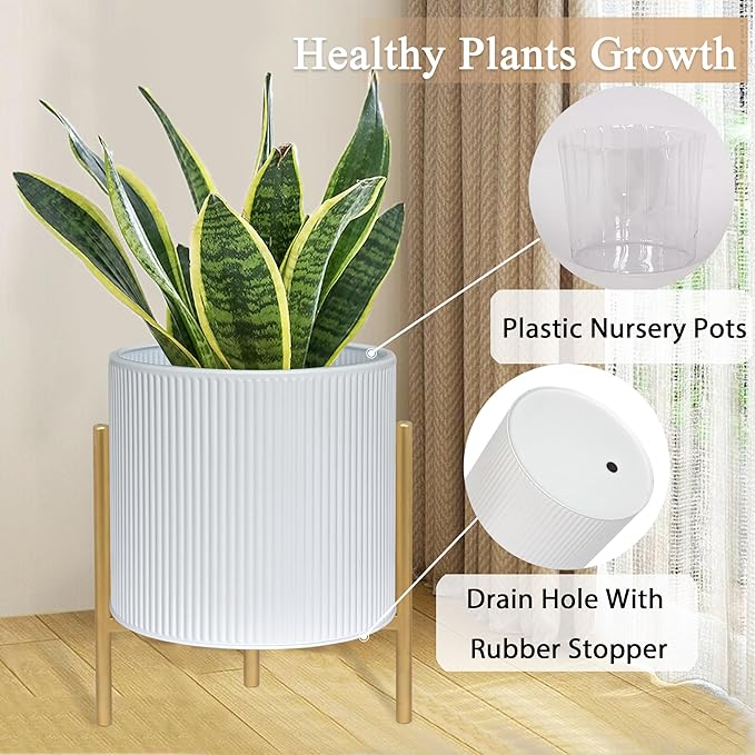 ARNIS Modern Planter Pots, Set of 2 Round Large Planters with Stand, Decorative Floor Planters, Metal Pots with Drainage Holes for Living Room, Office, Garden or Balcony, 8.25 &10.5 Inch, White & Gold-Ruum Studio Home