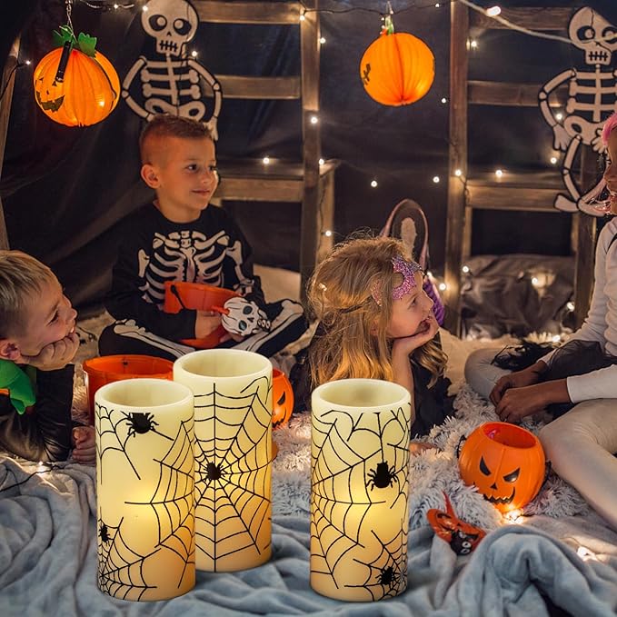 Wondise Halloween Flickering Flameless Candles with Spider Decals, Battery Operated Candles with 6hrs Timer, Real Wax Halloween LED Candles for Horror Spooky Halloween Home Decoration(Set of 3, 3"x6")-Ruum Studio Home