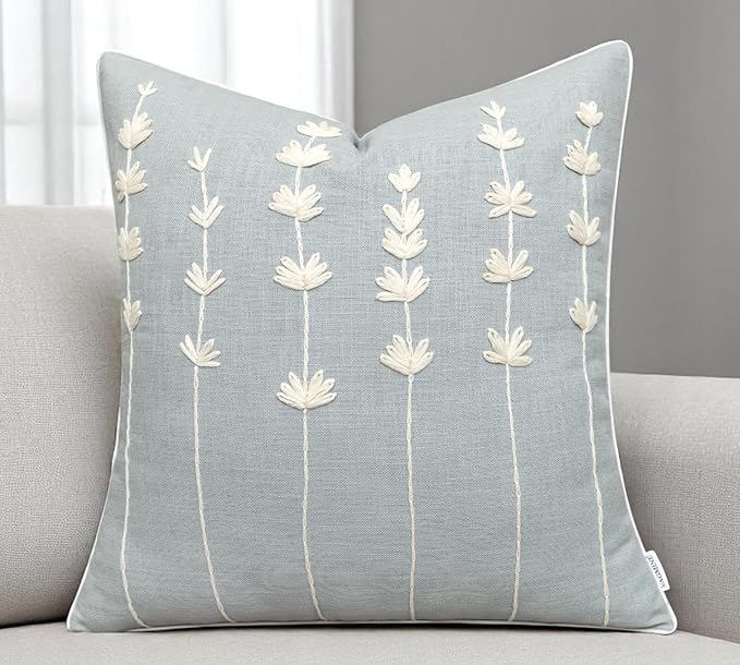 VAGMINE Hand Embroidered Daisy Accent Throw Pillow Cover - 20x20 Inches Square - 100% Cotton Robins Egg Decorative Cushion Cover for Couch, Sofa, Chair - Textured Embroidery - Boho Floral Home Décor-Ruum Studio Home