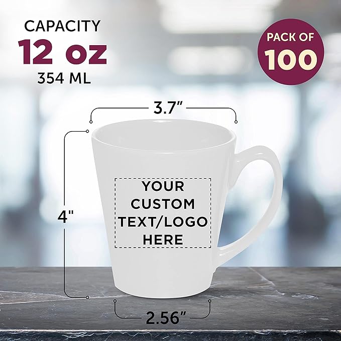 DISCOUNT PROMOS Custom Glossy Ceramic Latte Coffee Mug 12 oz. Set of 100, Personalized Bulk Pack - Perfect for Tea, Espresso, Cappuccino, Hot Cocoa - White-Ruum Studio Home