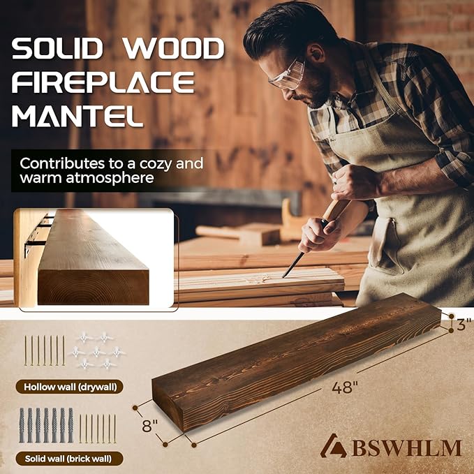 48x8x3 Fireplace Mantel - Solid Rustic Wood - Wall Mounted Floating Shelf with Invisible Heavy Duty Steel Bracket (Weathered Brown)-Ruum Studio Home