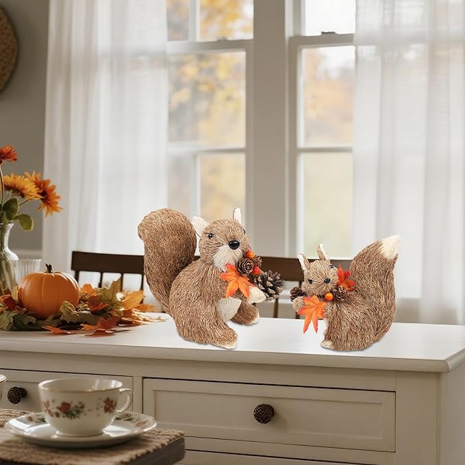 winemana Set of 2 Fall Table Decor-Squirrels with Leaves Pine Cones Thanksgiving Home Decorations Indoor Sisal Figurines, Cozy Fall Office Harvest Centerpiece Christmas Kitchen Décor-Ruum Studio Home
