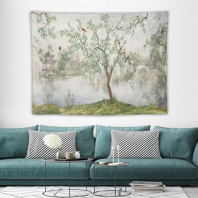 HZOHNAGO Japanese Tapestry Tree Misty Garden Lake Printed Wall Tapestry Ink Painting Wall Hanging for Bedroom Living Room Dorm 80" W x 60" H-Ruum Studio Home