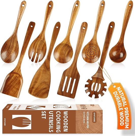 SPATUAMZ Wooden Kitchen Utensils Set, Smooth Finished Wooden Spoons for Cooking, Natural Teak Cooking Utensils Set of 9 for Nonstick Pans and Cookware-Ruum Studio Home
