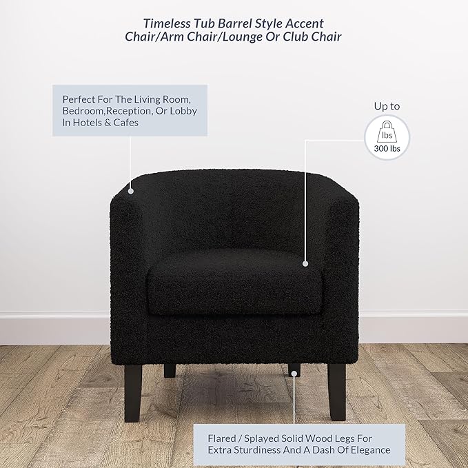 BELLEZE Living Room Chair, Teddy Polyester Accent Barrel Chair, Club Tub Sofa Chair for Bedroom, Corner Chair with Flared Legs and Cozy Soft Padding - Highland (Teddy Black)-Ruum Studio Home