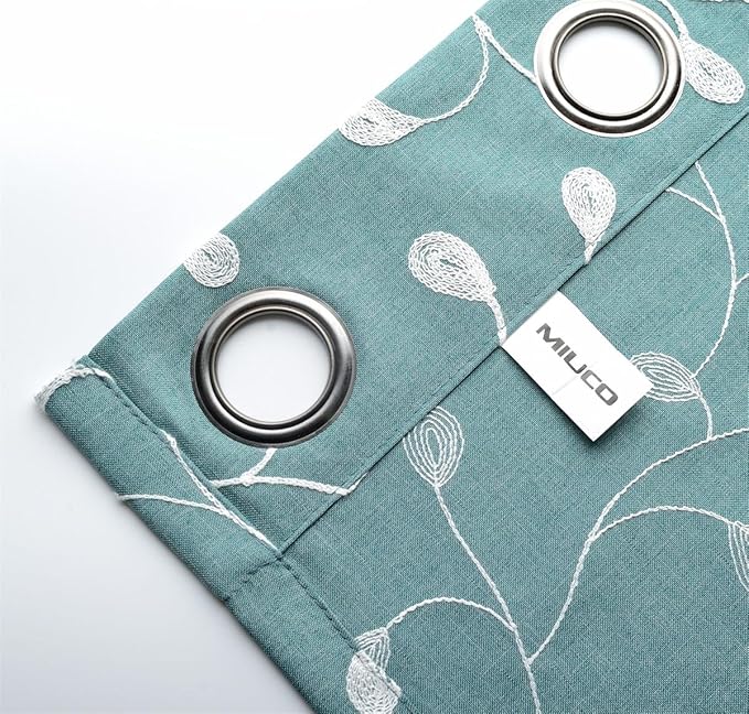 MIUCO Floral Embroidery Semi Sheers Curtain Faux Linen Grommet Window Curtains for Bedroom 52 x 95 Inch 2 Panels, Teal-Ruum Studio Home