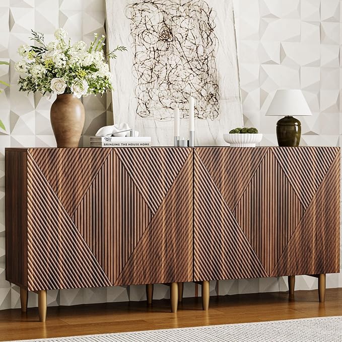 65 Inch Fluted TV Stand, Mid Century Modern Entertainment Center with Storage Cabinets & Adjustable Shelves, Media Console TV Credenza for Living Room, Dining Room, Hallway, Walnut-Ruum Studio Home