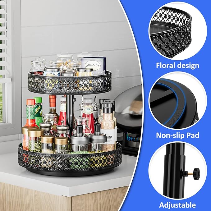 Lazy Susan Organizer 2 Tier - Turntable Spice Rack 12 inch Adjustable Metal Rotating Lazy Susan for Cabinet Pantry Kitchen Countertop Dining Table Cupboard Bathroom Vanity Storage Black-Ruum Studio Home